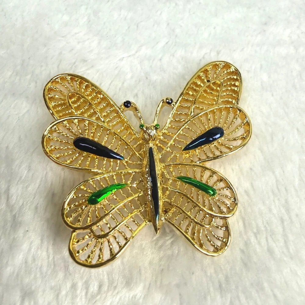 Vintage Gerrys Gold Tone Filigree Butterfly Brooch & Enamel Butterfly Pin Set